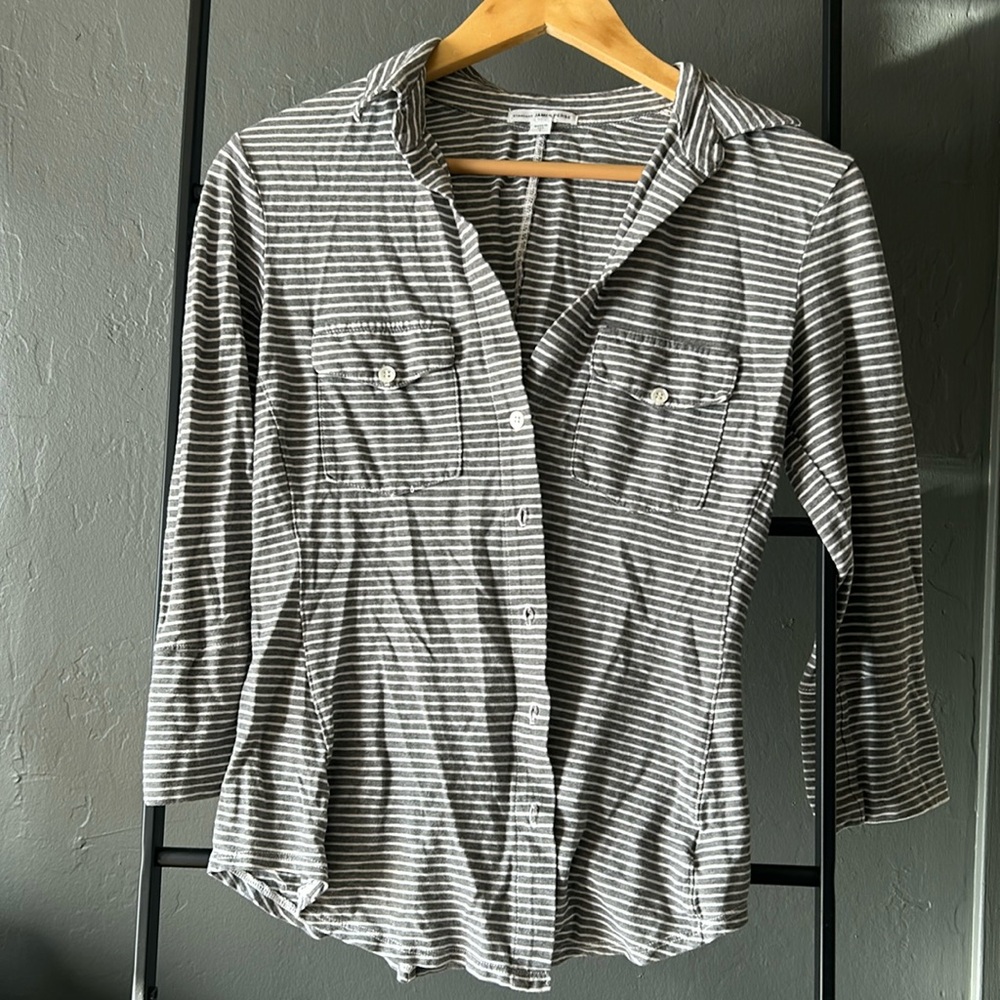 James Perse Grey and White Cotton Striped Long Sleeve